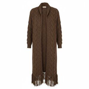 Long Brown Cable Knit Sweater Coat/Duster with Fringe Hem